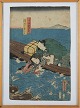 Kunisada, 
1800-tallet, 
træsnit, motiv 
med mand og 
kvinde i båd.
I god stand. 
Måler 36x24 cm.