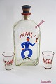 Holmegaard, 
Emalje 
dekoreret 
kantineflaske 
med træprop og 
tilhørende 
snapseglas. 
"Sømand med ...