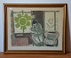 Litografi af 
Frede 
Christoffersen, 
1957 med motiv 
af kvinde med 
barn i 
stuemiljø. 
Signeret ...