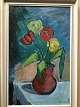 Jens Sørensen 
(1923-98):
Tulipaner i 
vase på bord.
Olie på 
lærred.
Nyrenset
Sign.: Jens 
...