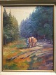 Ubekendt 
kunstner (20 
årh):
Skovarbejder 
med heste i 
skoven.
Olie på 
lærred.
Sign.: ...