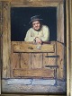 David Jacobsen 
(1821-71):
Mand i 
døråbning med 
kridtpibe.
Olie på 
mahogni plade.
Sign.: ...