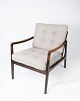 Denne hvilestol 
i teak og 
nypolstret gråt 
uld betræk, 
designet af Kai 
Kristiansen fra 
1960'erne, ...