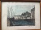Albert Jensen 
(1847-1913):
Havneparti med 
pakhuse.
Radering på 
papir.
Sign.: Alb. 
...