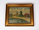 Oliemaleri med 
landsby motiv 
og forgyldt 
ramme, signeret 
Erskov 16.
65 x 80 x 8 
cm.