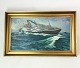 Maleri på 
lærred med 
marine motiv og 
forgyldt ramme 
signeret JN af 
Jens Nielsen i 
1938.
37 x 58 cm.