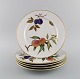 Royal 
Worcester, 
England. Fem 
Evesham 
middagstallerkener 
i porcelæn 
dekoreret med 
frugter og ...