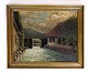 Maleri på 
lærredet i 
guldramme af 
byhus og vand i 
blå farver fra 
omkring 
1930'erne.
Mål i cm: ...