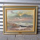 Maleri med 
landskabsmotiv 
af 
kyststrækning 
med robåd
Signeret
Kunstner John 
Rubani
Olie ...