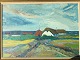 Aage Strand 
(1910-75):
Kystparti med 
gårde.
Olie på 
lærred.
Sign.: ÅS
70x100 
(85x115)
Åge ...