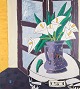Fransk 
kunstner, olie 
på plade, 
modernistisk 
stilleben med 
blomster i 
kande på bord.
Dateret ...