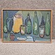 Maleri på plade 
med motiv af 
flasker og 
vaser. Tekst 
bagpå "Fra mit 
værksted, 1963, 
...