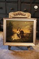 Antikt , 1800 
tals maleri , 
malet på træ 
med motiv af 
ung pige med 
sin hund 
siddende i 
haven. ...