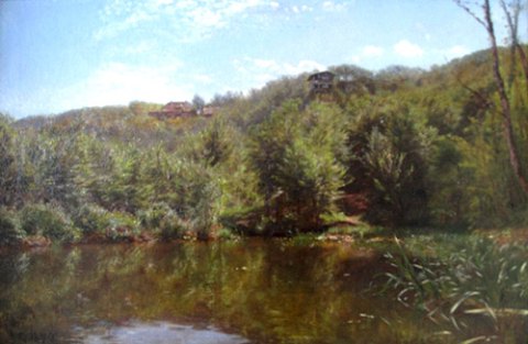 Munkebjerg ved Vejle. Olie på lærred, malet i impressionistisk stil. Flot ramme i guld og mahogny.