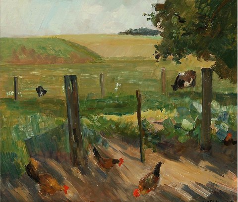 Farmyard with chickens. Oil on canvas.