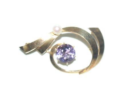 Broche med Ametyst og Perle, 14 karat