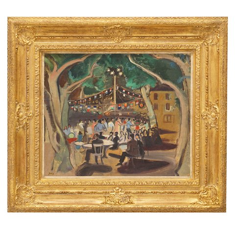 Jais Nielsen, 1885-1961, village party. Oil on 
canvas on plate. Signed. Visible size: 48x57cm. 
With frame: 77x86cm