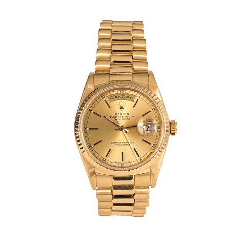 Rolex Day Date in 18kt Gold. Mit Box, Zertifikat 
und vielem Zubehör. Jahrgang 1989. Ref. 18238. D: 
36mm