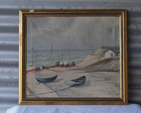 Maleri med fiskerbåde på stranden
