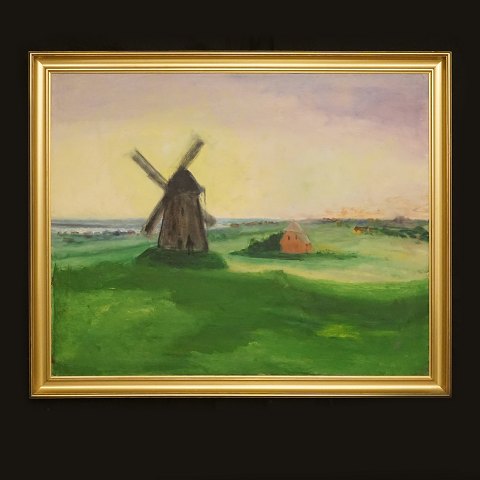 Jens Søndergaard, 1895-1957: Landscape with mill. 
Oil on canvas. Visible size: 79x99cm. With frame: 
97x112cm