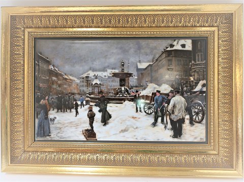 Bing & Grøndahl. Porcelæn maleri. Motiv af Paul Fischer. Vinterdag på 
Gammeltorv.  Størrelse inklusiv ramme, 47*33 cm. Produceret 1750 styk. Dette har 
nummer 921.