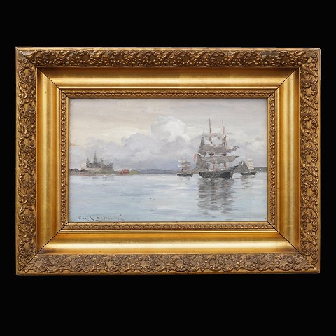 Carl Locher, 1851-1915: Ships at Kronborg castle. 
Oil on canvas. Signed. Visible size: 22x35cm. With 
frame: 40x53cm