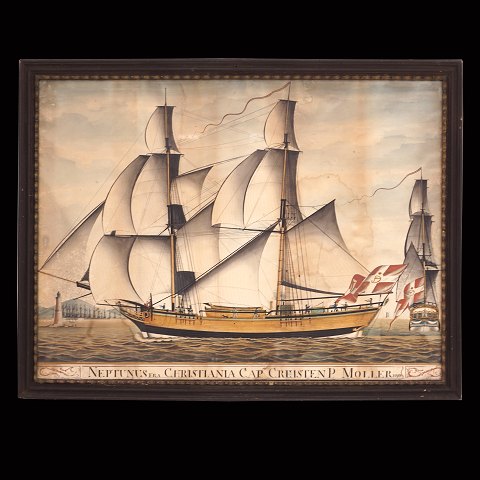 A late 18th century ship painting, watercoler, 
showing the ship "Neptunus from Christiania Capt 
Chresten P Moller 1795". Visible size: 47x64cm. 
With frame: 53x70cm