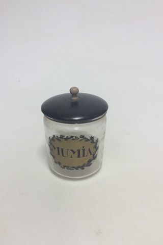 Holmegaard  Pharmacy Jar with lid with the text "MUMIA" from 1987