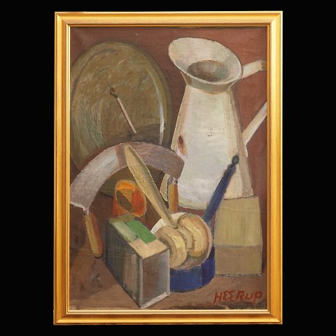 Henry Heerup maleri. Henry Heerup, 1907-93: 
Opstilling. Olie på lærred. Signeret.
Sandsynligvis fra 1940erne med inspiration fra 
Vilhelm Lundstrøm. Lysmål: 105x76cm. Med ramme: 
116x81cm