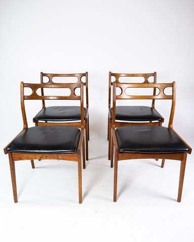 Et Sæt Af Fire Spisestuestole - Teak - Sort Læder - Dansk Design - 1960