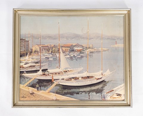 Print with harbour motif and with unknown signature from the 1950s. 
5000m2 showroom.