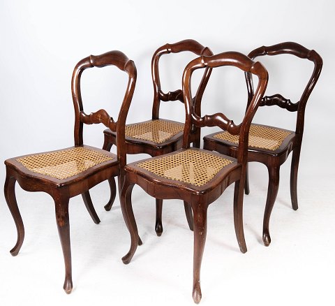 Sæt af fire rokoko spisestuestole af mahogni og med sæde af fransk rørflet fra 
1860.
5000m2 udstilling.