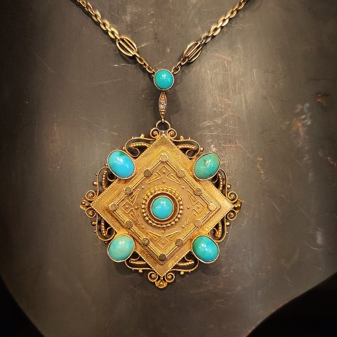 P. Hertz; A 19th century necklace with jewelry of 14k gold set with turquoise 
and a diamond