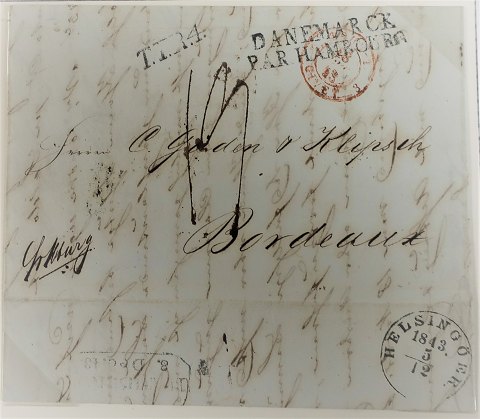 Brev sendt fra Helsingør 05.12.1843 via Hamburg til Bordeaux. Afgangsstemplet 
med Helsingöer.