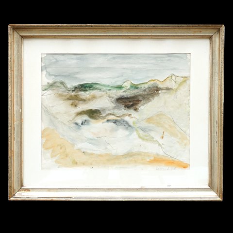 Jens Søndergaard, 1895-1957, Aquarell. Landschaft. 
Signiert und datiert 1949. Lichtmasse: 36x47cm. 
Mit Rahmen: 55x67cm