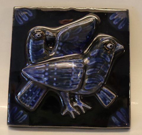 Relief 17.5 x 17.5 cm Helge Christoffersen Blue Glazed: Two birds