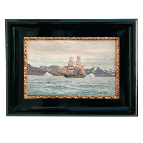 Andreas Riis Carstensen, 1844-1906, oil on canvas. 
Signed. Ship at Greenland's coast. Visible size: 
22x36cm. With frame: 39x53cm