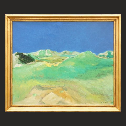 Jens Søndergaard maleri. Jens søndegaard, 
1895-1957, olie på lærred. Betitlet, signeret og 
dateret på bagside: "Klitlandskab, Stenbjerg, Jens 
Søndergaard, 1955". Lysmål: 83x99cm. Med ramme: 
96x112cm