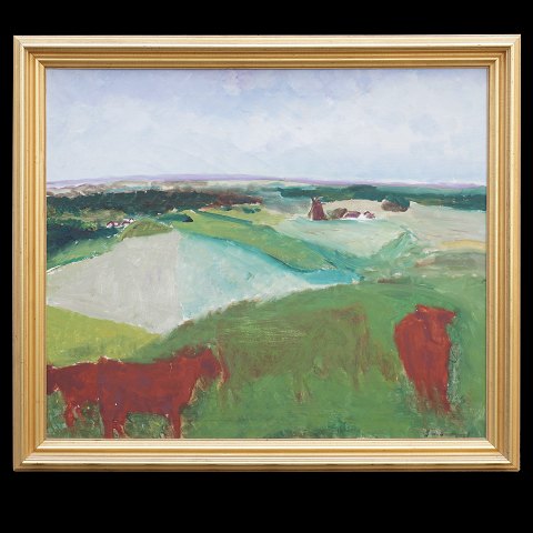 Jens Søndergaard, 1895-1957, oil on canvas. 
Signed. Landscape with cows. Visible size: 
80x94cm. With frame: 95x109cm