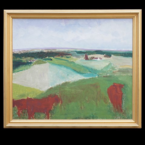 Jens Søndergaard maleri. Jens Søndergaard, 
1895-1957, olie på lærred. Landskab med køer. 
Signeret. Lysmål: 80x94cm. Med ramme: 95x109cm