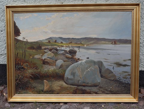 Færgehagen ved Mariagerfjord 1952 Stort Maleri af Gunnar Bundgaard 112 x 153 Cm 
med Guldramme