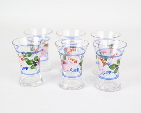 6 snapseglas, håndmalet blomster dekoration,1930
Flot stand
