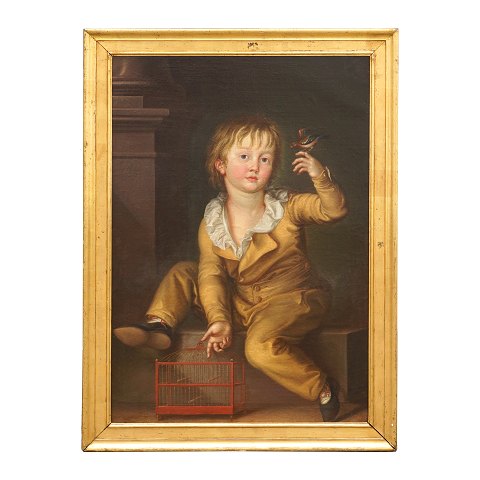 Carl Probsthayn, 1770-1818, olie på lærred. Motiv 
i form af dreng med i gul dragt med fugl og 
fuglebur. Signeret "C. Probsthayn 03". Lysmål: 
92x63cm. Med ramme: 107x78cm