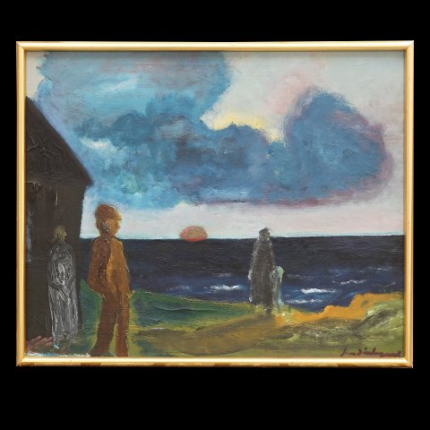 Jens Søndergaard maleri. Jens Søndergaard, 
1895-1957, olie på lærred. "Aften ved Havet 1942". 
Signeret og dateret 1942. Lysmål: 61x76cm. Med 
ramme 65x80cm