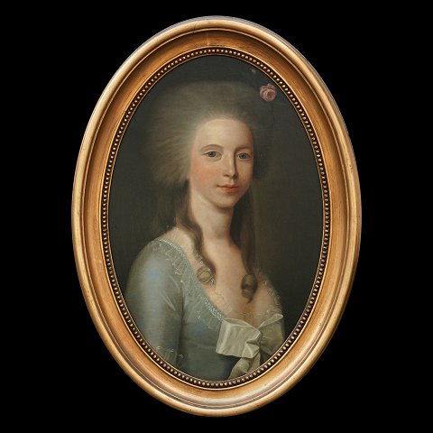 Jens Juel, 1745-1802, kreds, olie på lærred 
monteret på træ. Portræt forestillende Margaretha 
Moltke, f. Løvenskjold, 1772-1808, gift med greve 
Frederik Moltke. Lysmål: 62x40cm. Med ramme: 
77x55cm