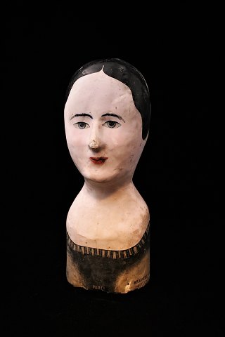 Original, antique French wig head (Millenerey head) from the 19th century in 
painted papier-mâché...