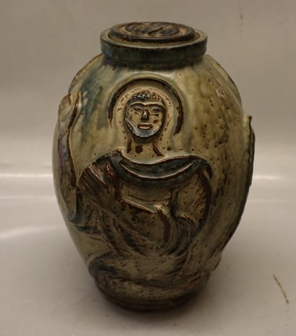 3301 RC Lidded vase 26 cm Jais Nielsen religious figures in relief Royal 
Copenhagen Art Pottery