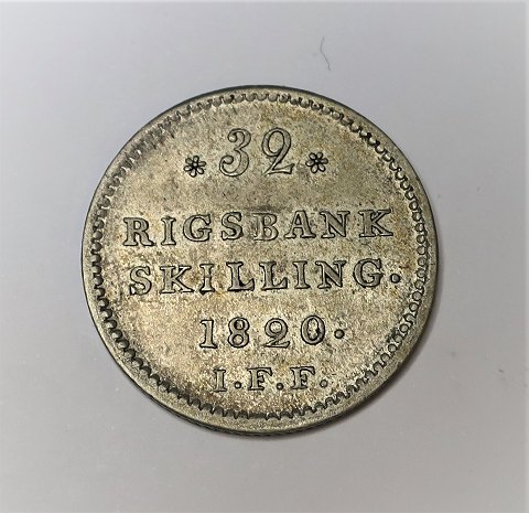 Dänemark. Frederik d. VI. Silber 32 Rigsbank skilling 1820. Schöne gepflegte 
Münze.