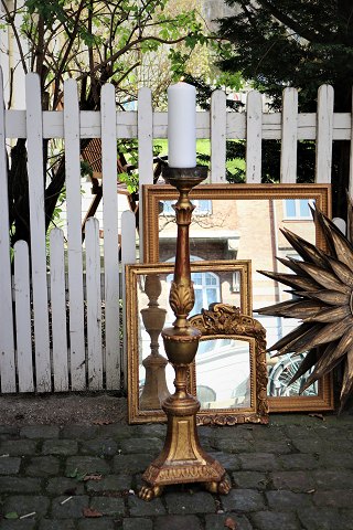 Large French 19th century floor candle holder in carved wood with old original 
gold plating...
