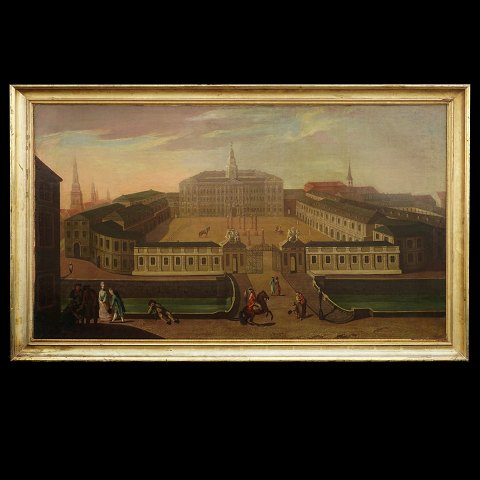 Stort parti med motiv i form af Christiansborg med 
Ridebanen og folkeliv i forgrunden. Olie på 
lærred. Malt ca. år 1755. Lysmål: 134x78cm. Med 
ramme: 147x91cm